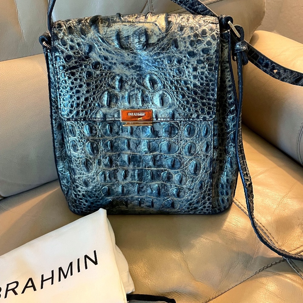 Brahmin Margo Crossbody handbag shades of blue with pale gold accents
